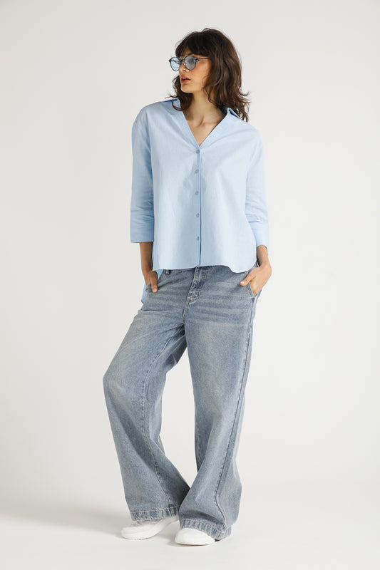 Linen Blend  Shirt With 3/4 Sleeves