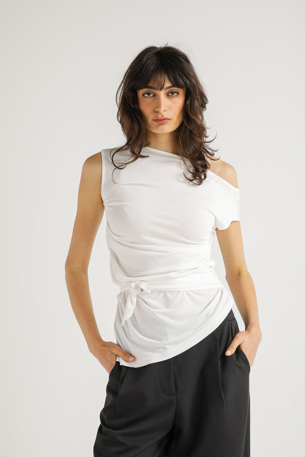 One Shoulder Draped Tie Top