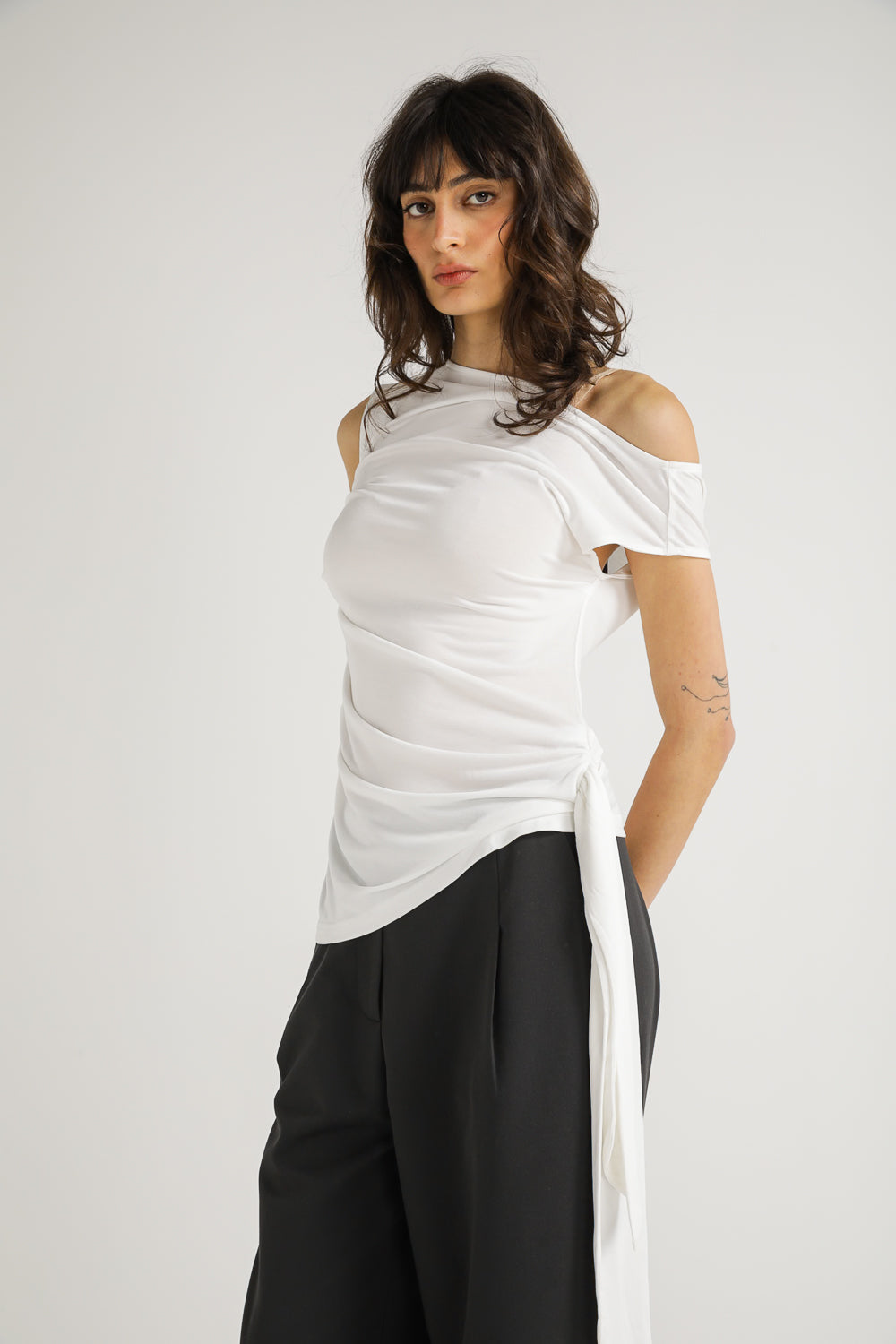 One Shoulder Draped Tie Top