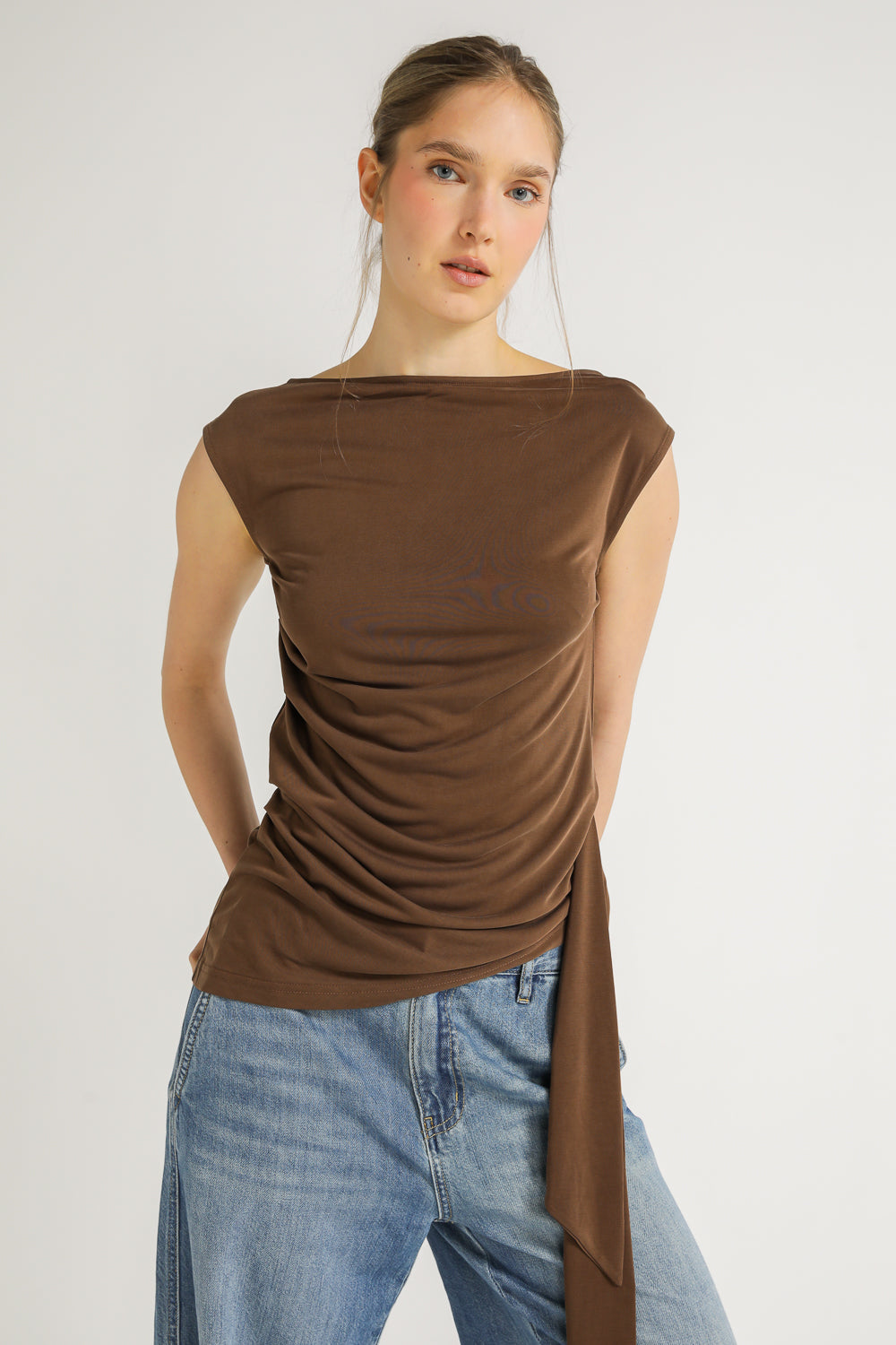 One Shoulder Draped Tie Top