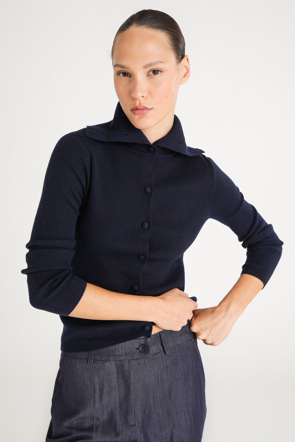 Ribbed Polo Knit Top