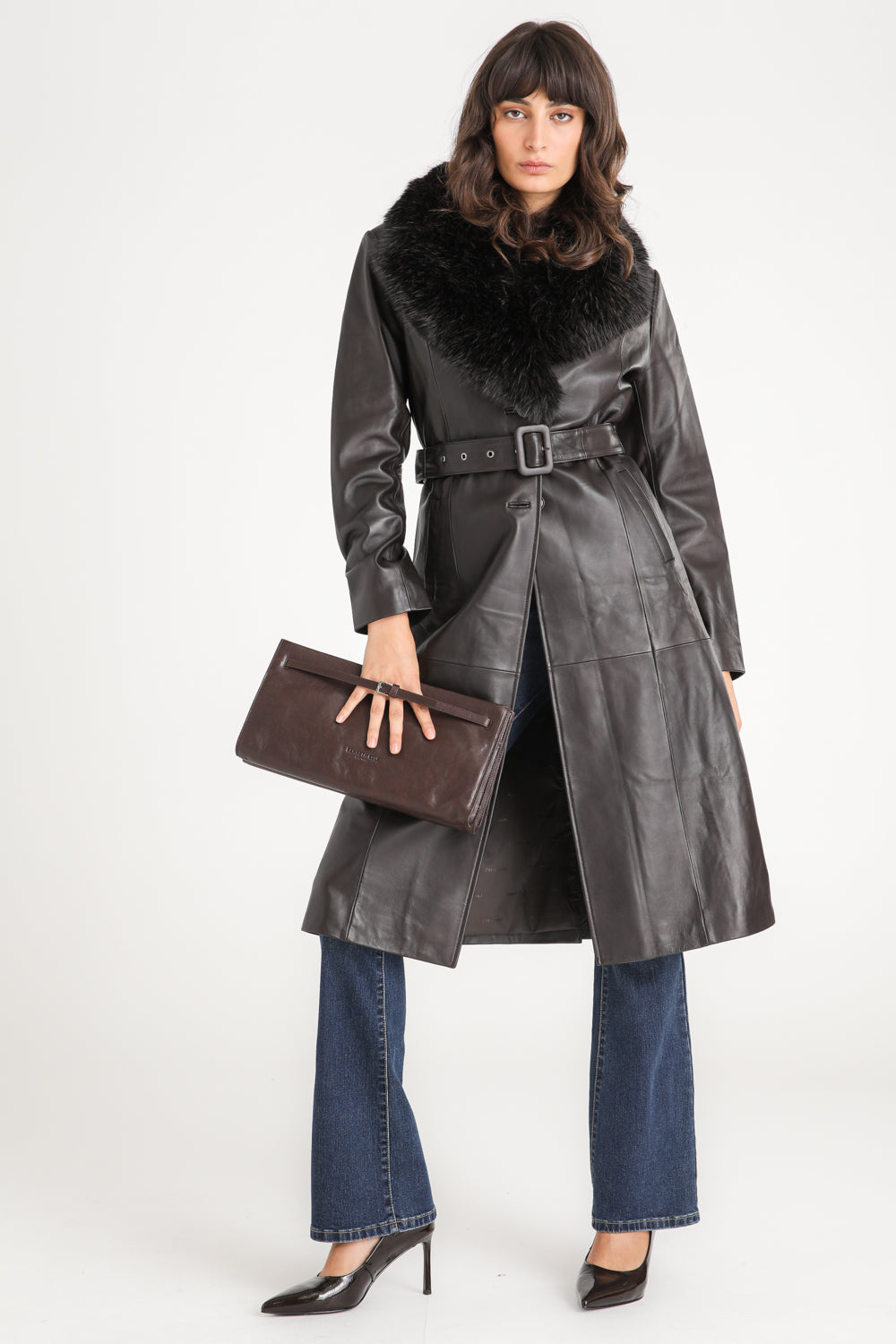 Leather Fur Collar Coat