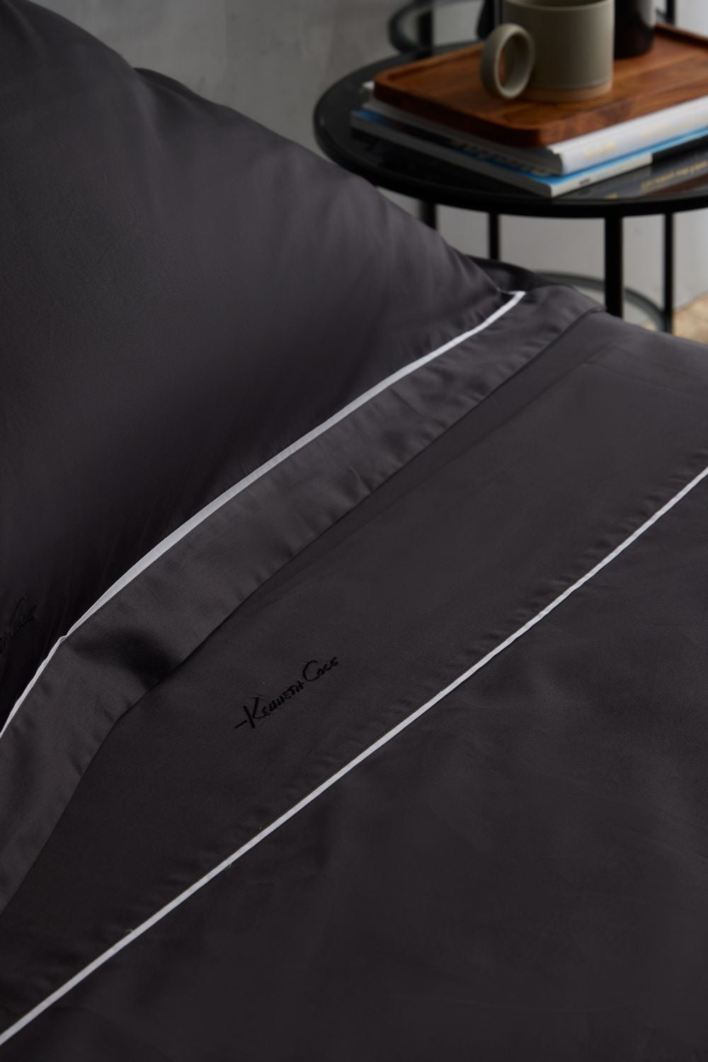 Black Sateen Duvet Cover with Signature Embroidery