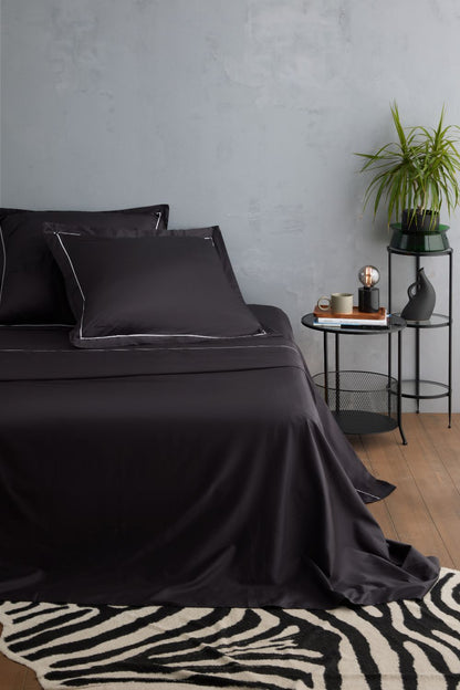 Black Sateen Duvet Cover with Signature Embroidery