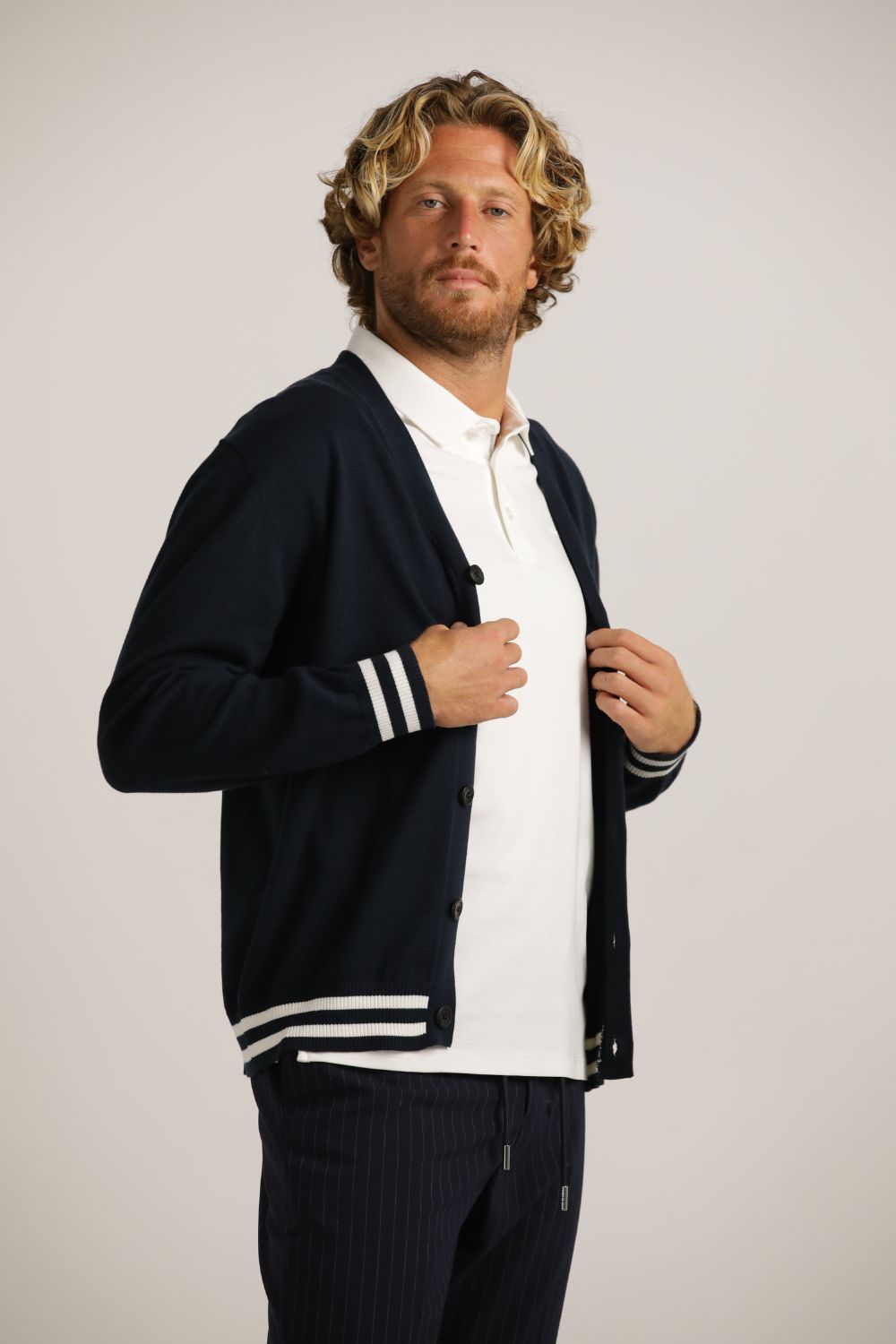 Contrast-Stripe Cardigan In Cotton