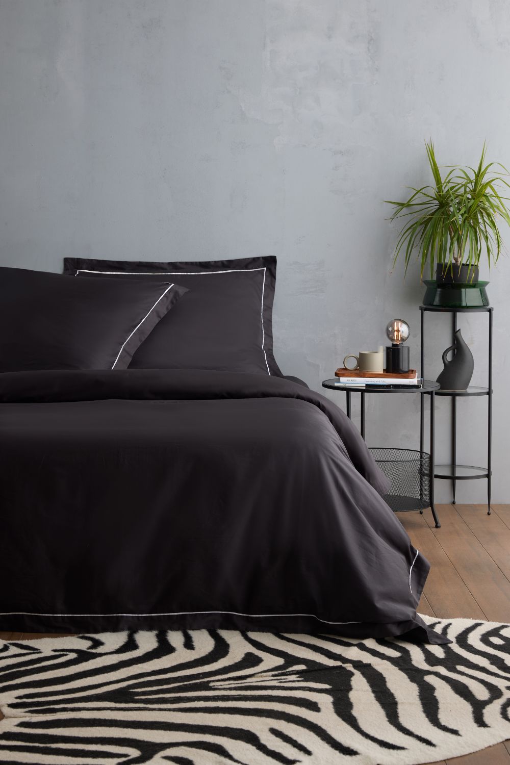 Black Sateen Duvet Cover with Signature Embroidery