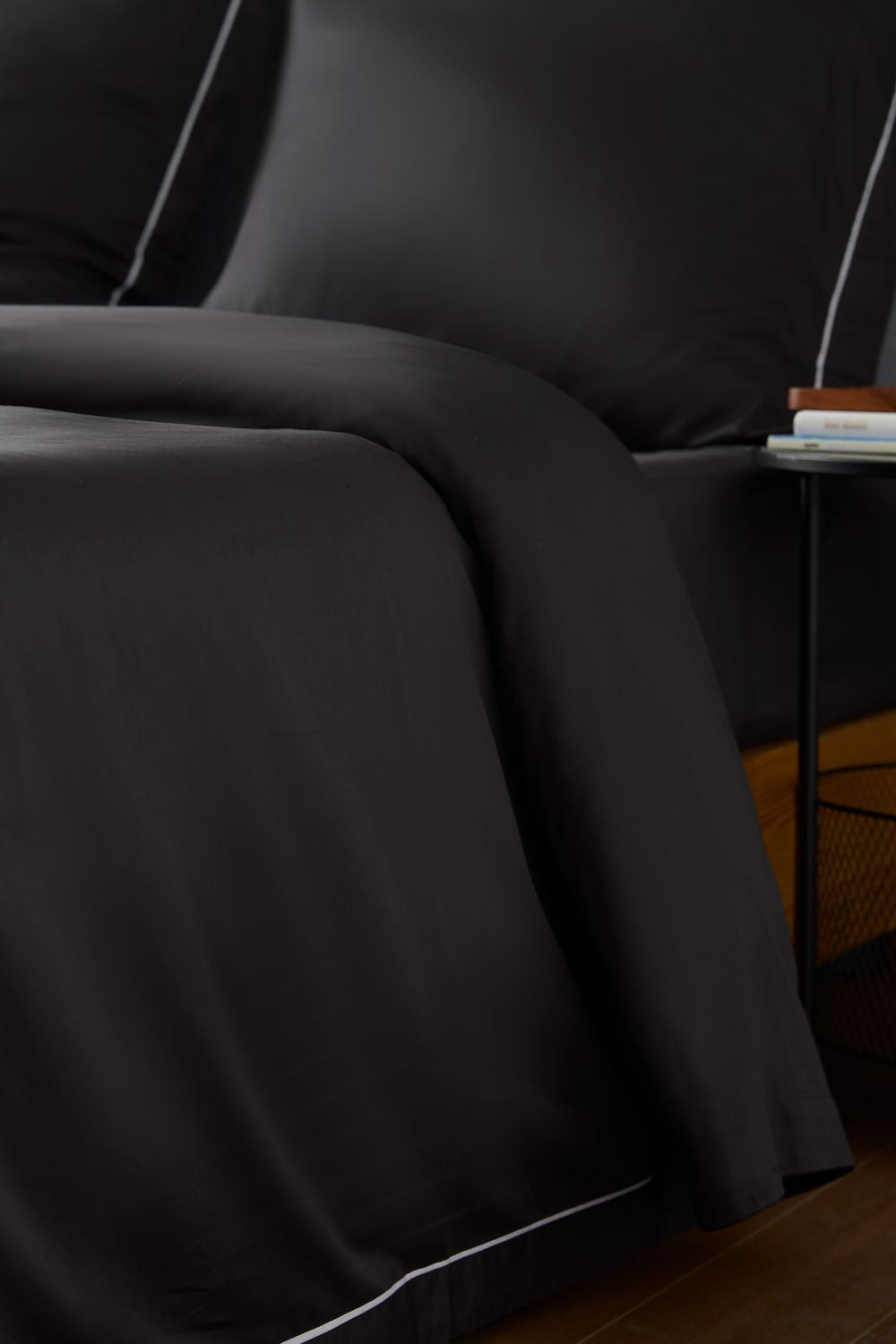 Black Sateen Duvet Cover with Signature Embroidery