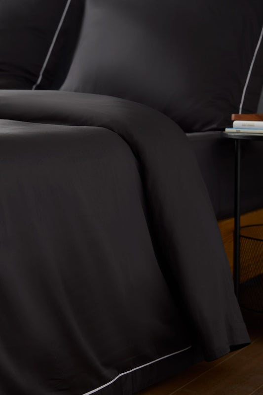Black Sateen Duvet Cover with Signature Embroidery