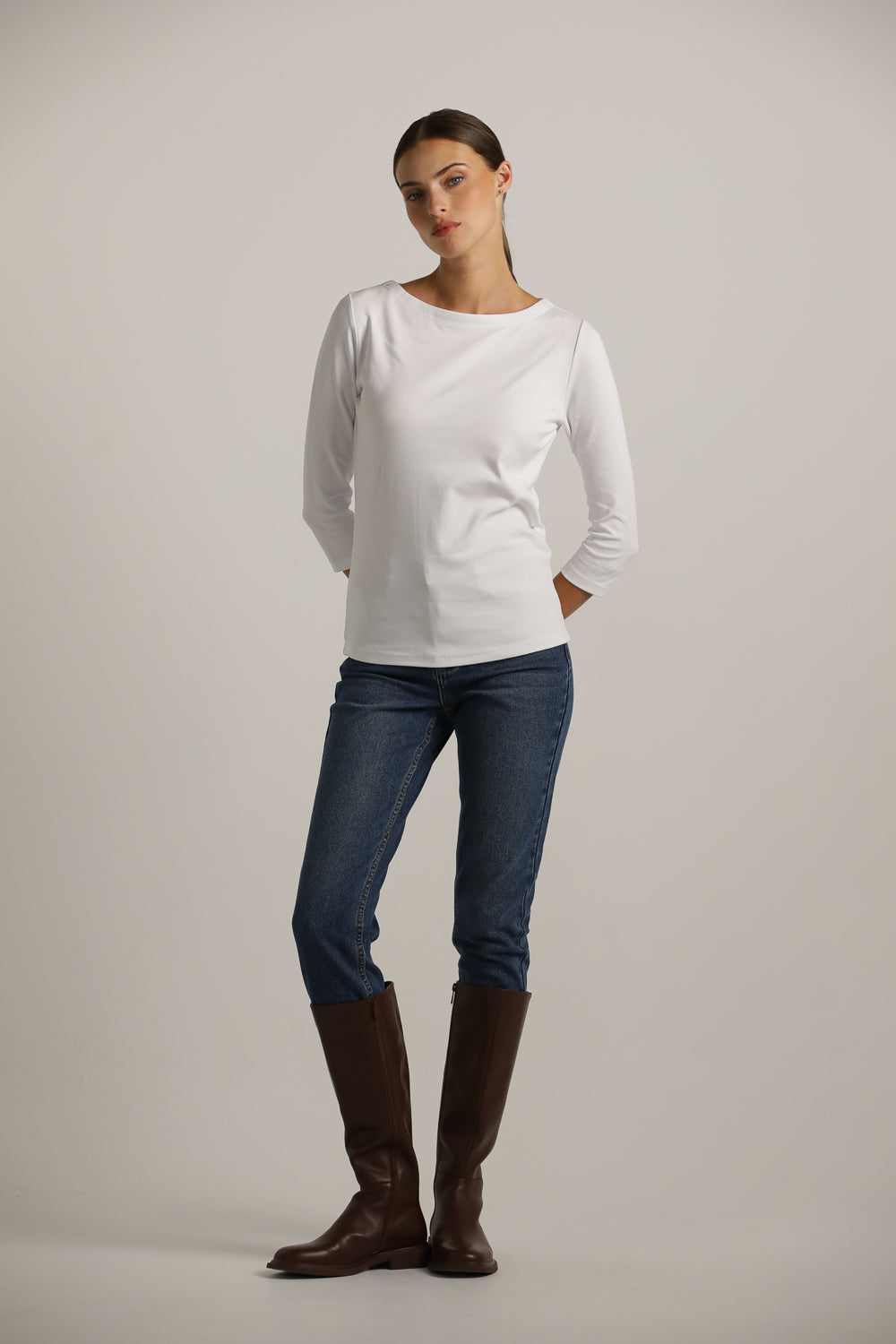 3/4-Sleeve Boat-Neck T-Shirt In Cotton