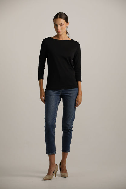 3/4-Sleeve Boat-Neck T-Shirt In Cotton