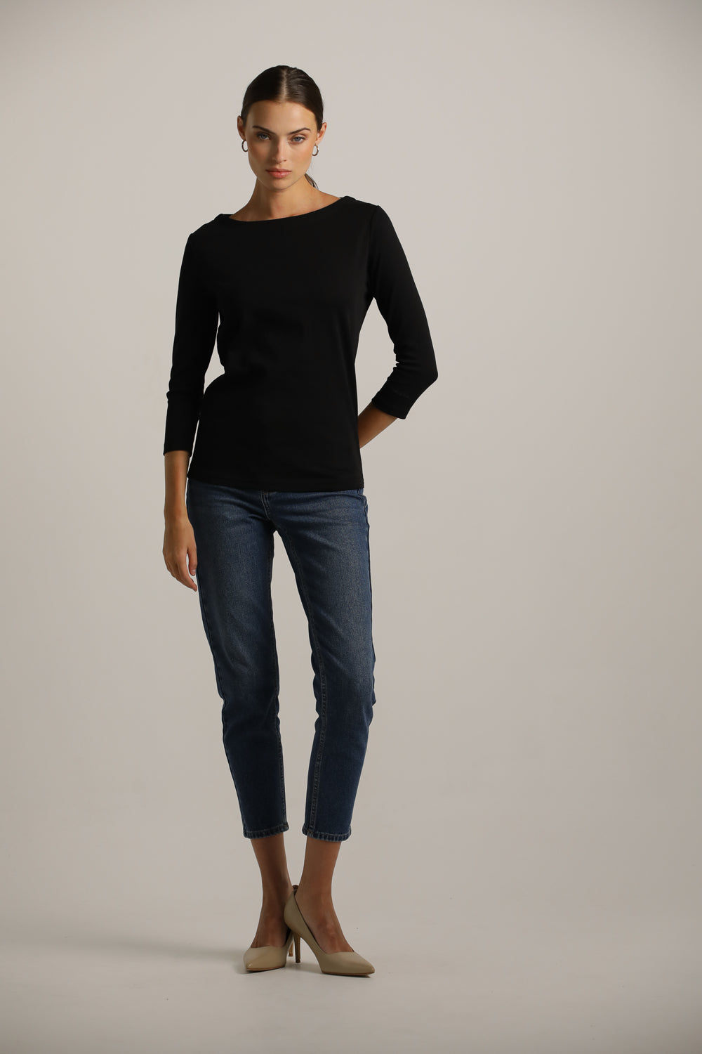3/4-Sleeve Boat-Neck T-Shirt In Cotton