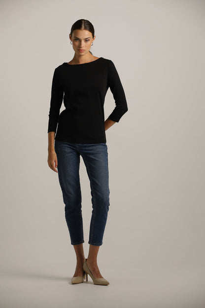 3/4-Sleeve Boat-Neck T-Shirt In Cotton