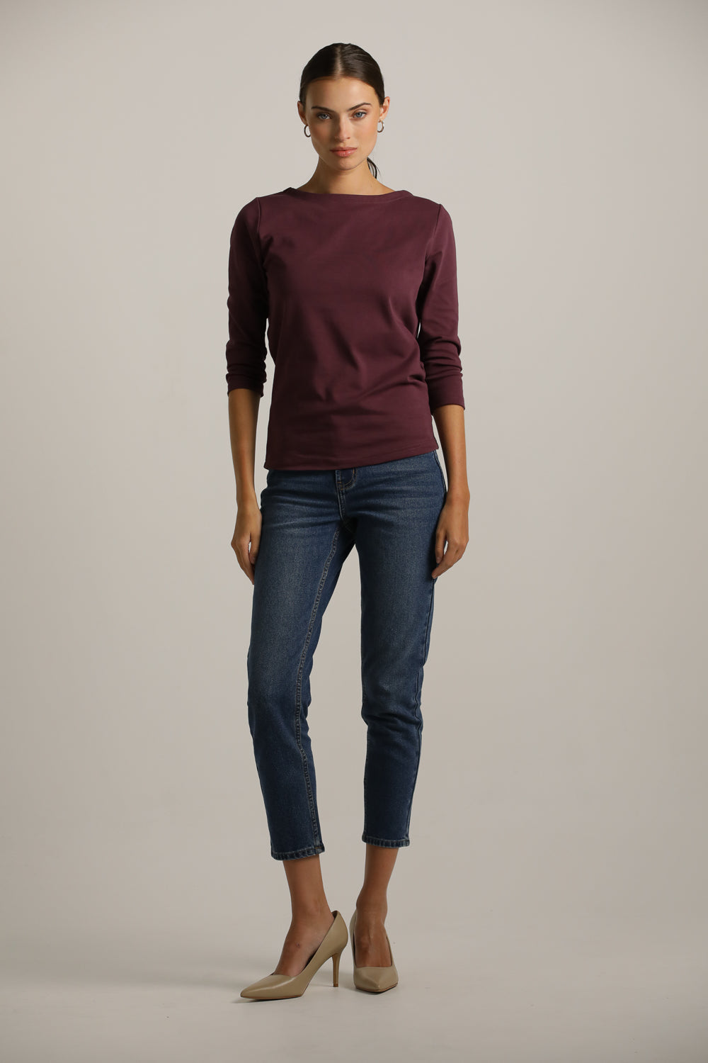 3/4-Sleeve Boat-Neck T-Shirt In Cotton