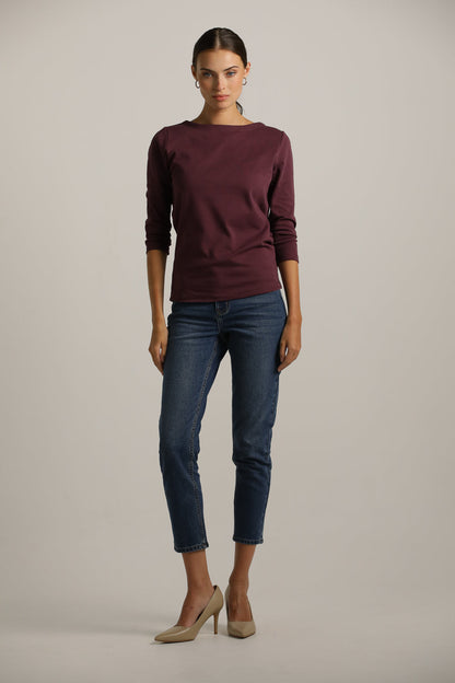 3/4-Sleeve Boat-Neck T-Shirt In Cotton