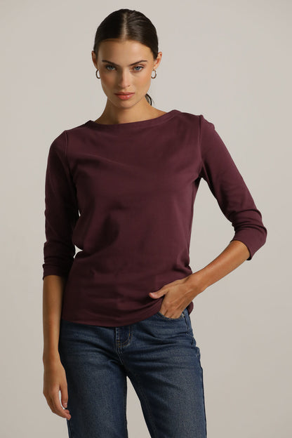 3/4-Sleeve Boat-Neck T-Shirt In Cotton