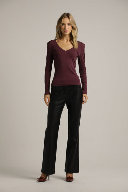 Fitted Long-Sleeve Top In Cotton With Deep V-Neck
