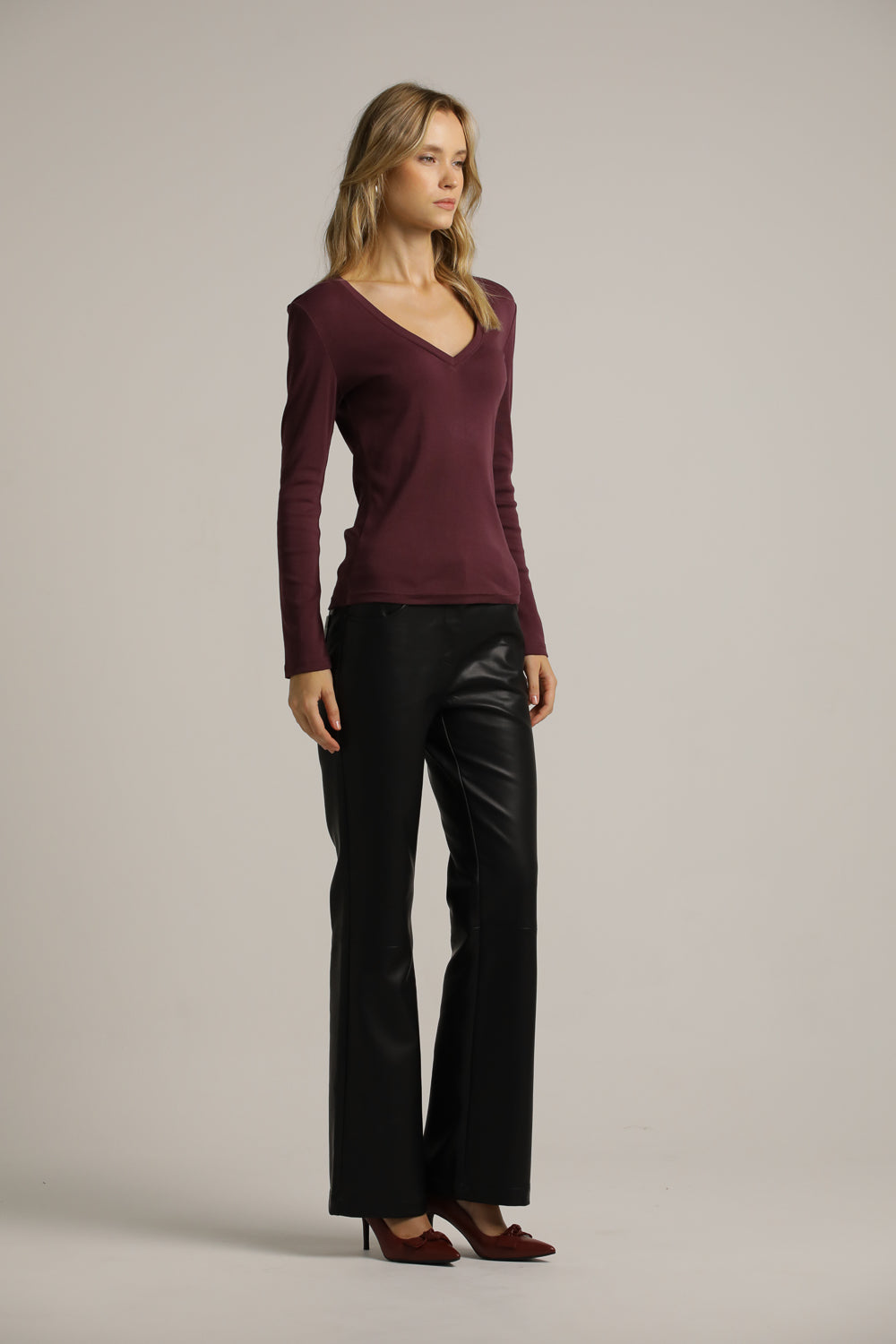 Fitted Long-Sleeve Top In Cotton With Deep V-Neck