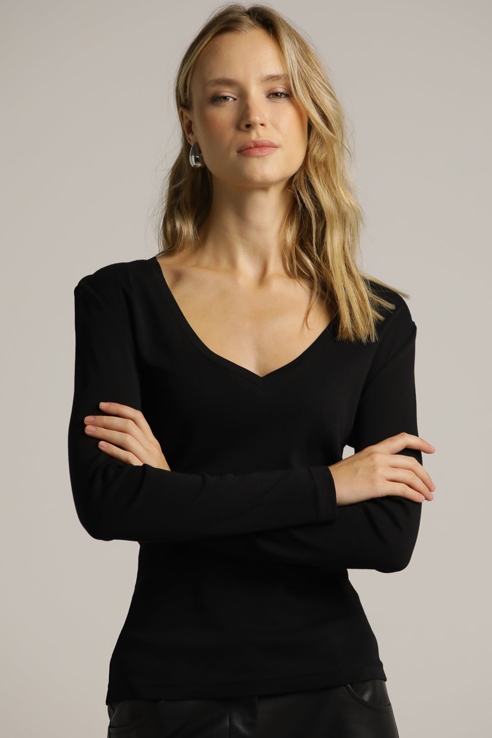 Fitted Long-Sleeve Top In Cotton With Deep V-Neck