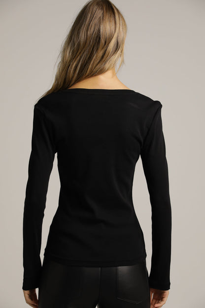 Fitted Long-Sleeve Top In Cotton With Deep V-Neck