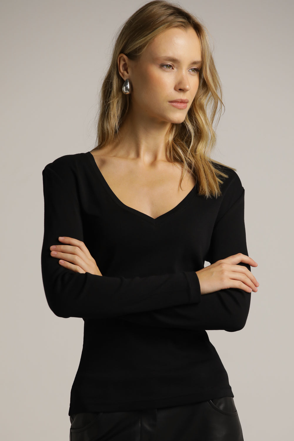 Fitted Long-Sleeve Top In Cotton With Deep V-Neck