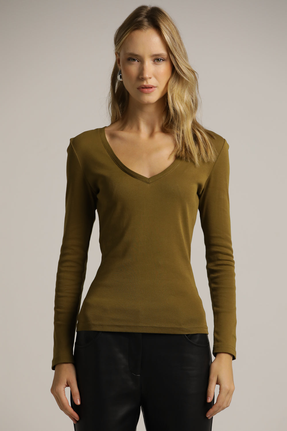 Fitted Long-Sleeve Top In Cotton With Deep V-Neck