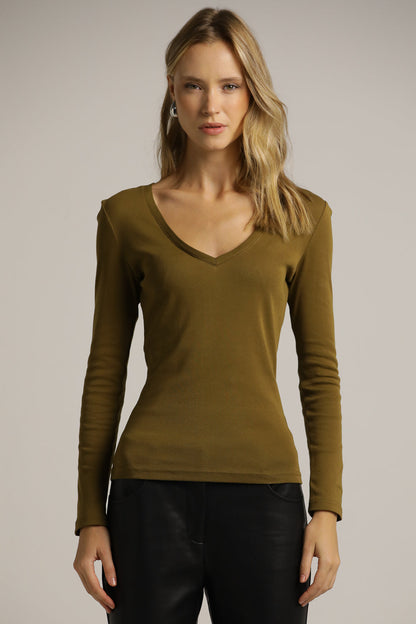 Fitted Long-Sleeve Top In Cotton With Deep V-Neck
