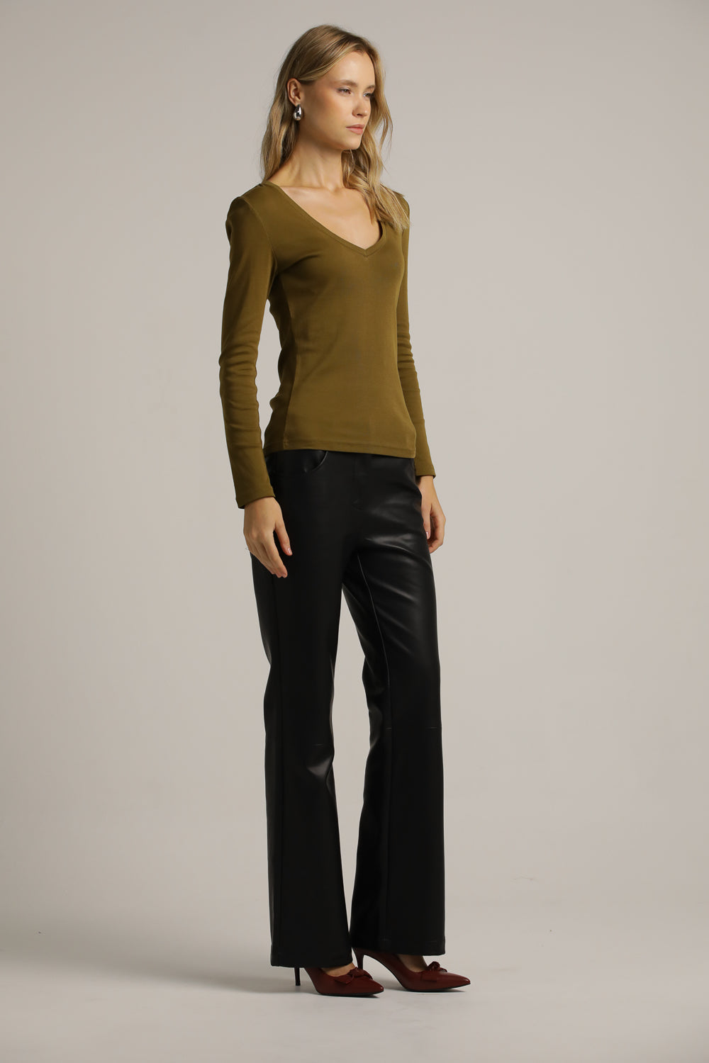 Fitted Long-Sleeve Top In Cotton With Deep V-Neck