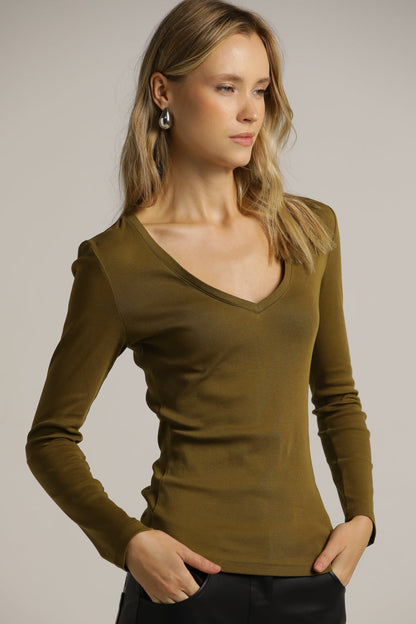 Fitted Long-Sleeve Top In Cotton With Deep V-Neck