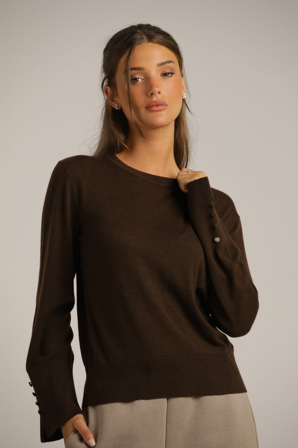 Crew-Neck Knit Top With Ribbed Hem