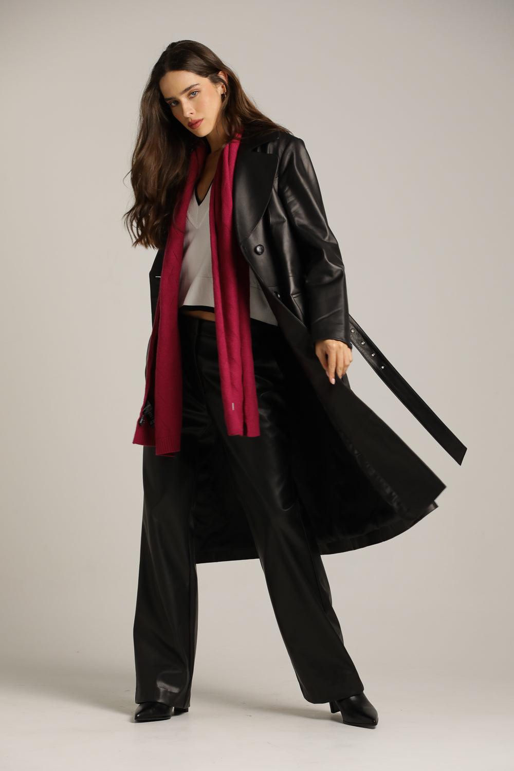 Long-Fit Leather Coat With Double-Breasted Closure