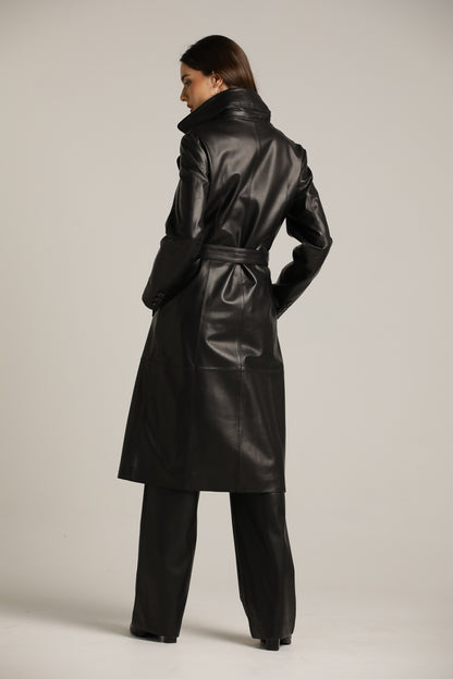 Long-Fit Leather Coat With Double-Breasted Closure