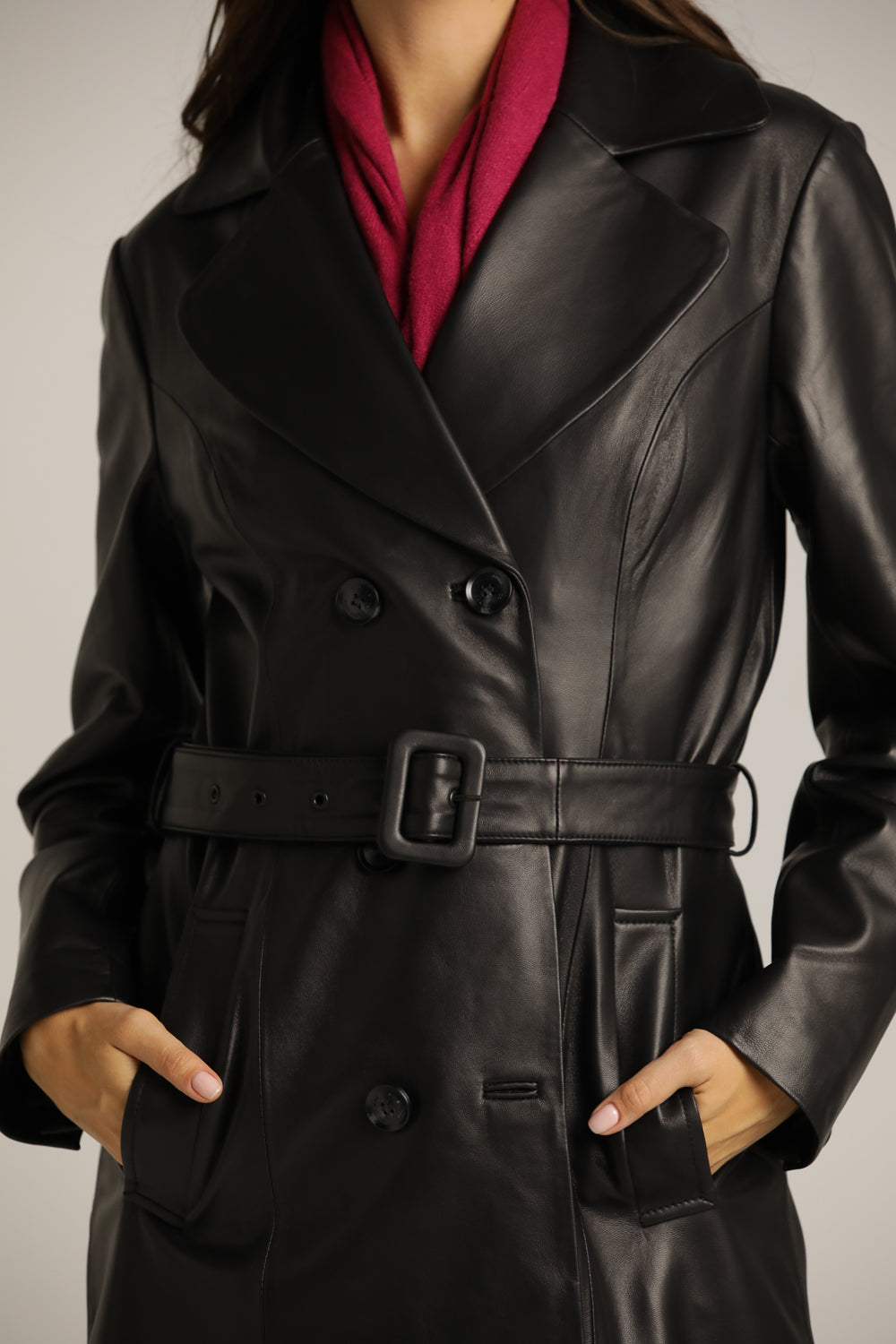 Long-Fit Leather Coat With Double-Breasted Closure