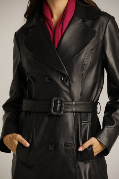 Long-Fit Leather Coat With Double-Breasted Closure