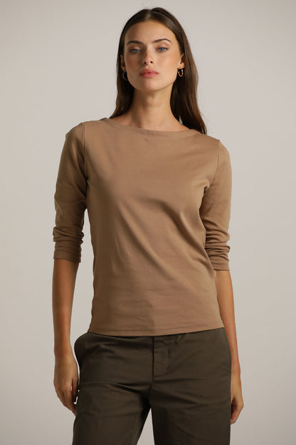 3/4-Sleeve Boat-Neck T-Shirt In Cotton