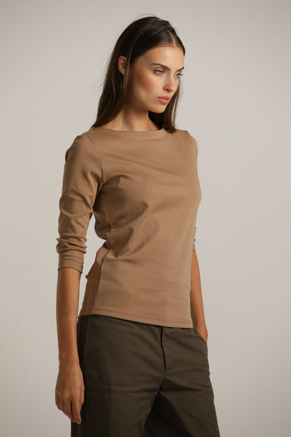 3/4-Sleeve Boat-Neck T-Shirt In Cotton