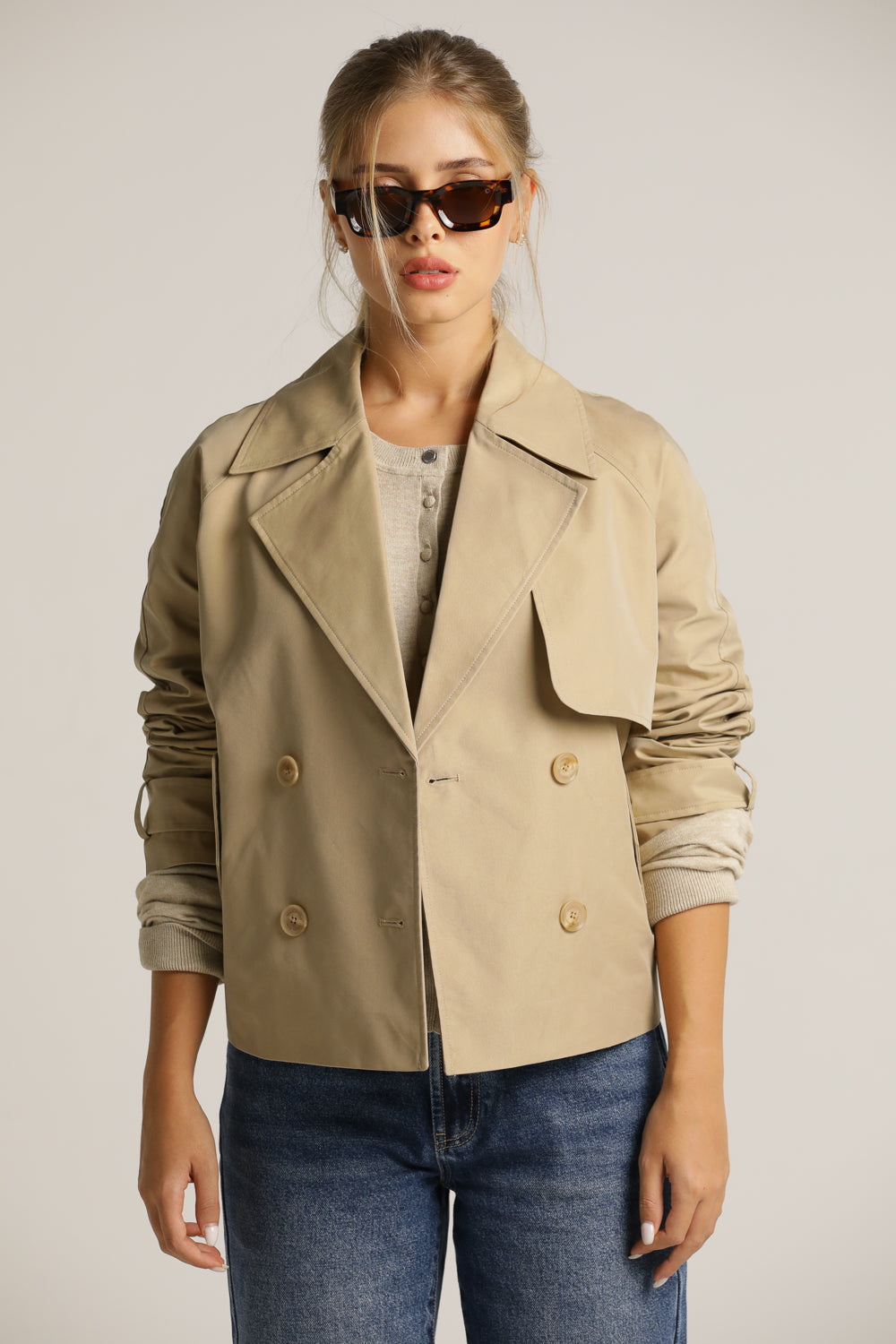 Short Trench Coat With Double-Breasted Buttons