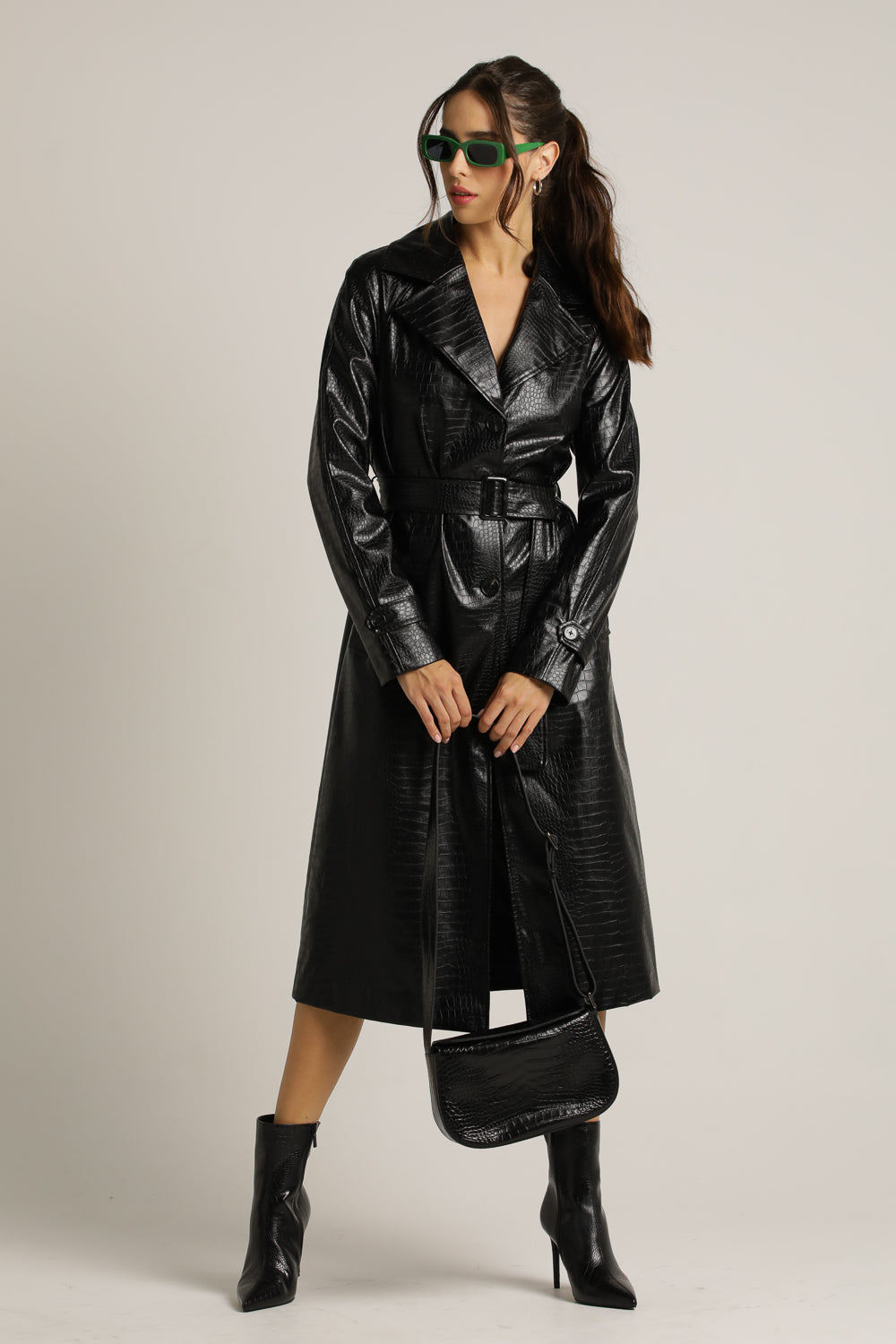 Long Coat In Faux Leather With A Crocodile Texture
