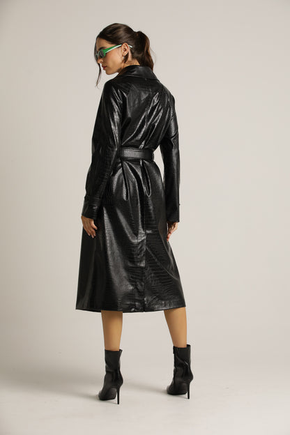 Long Coat In Faux Leather With A Crocodile Texture