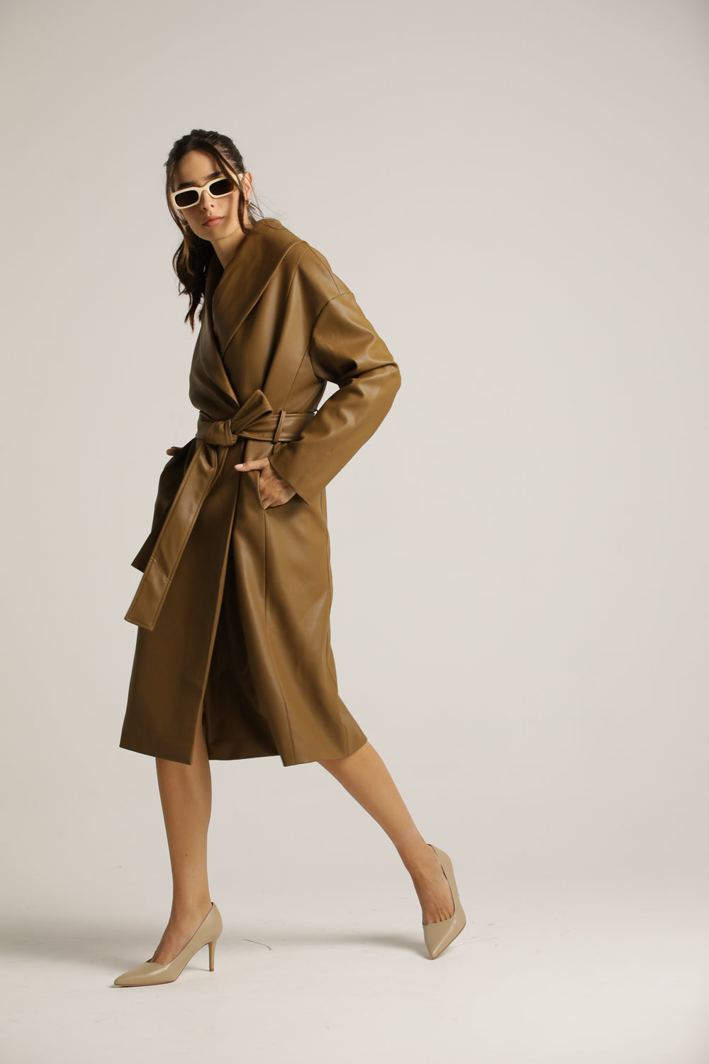 Faux-Leather Wrap Coat With Belt