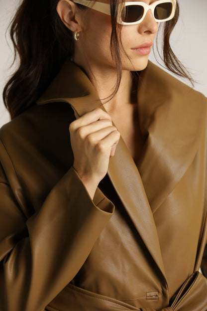Faux-Leather Wrap Coat With Belt
