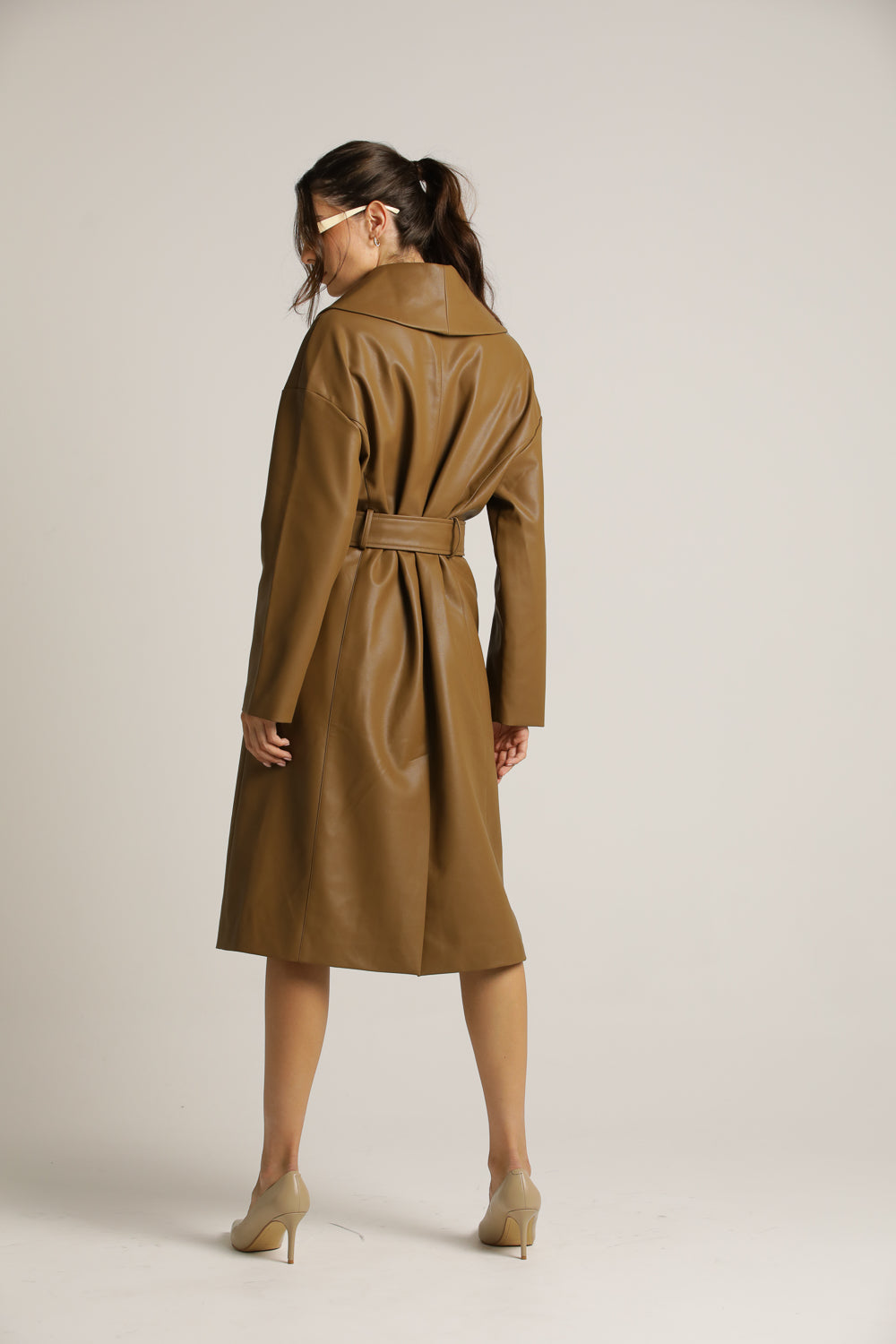 Faux-Leather Wrap Coat With Belt
