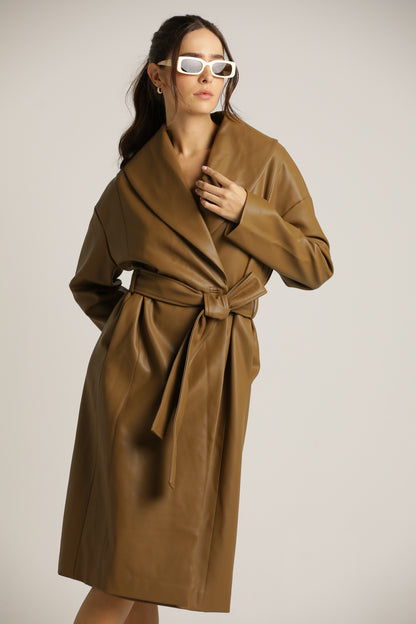 Faux-Leather Wrap Coat With Belt