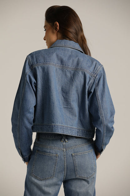 Boxy Cropped Denim Jacket In Cotton