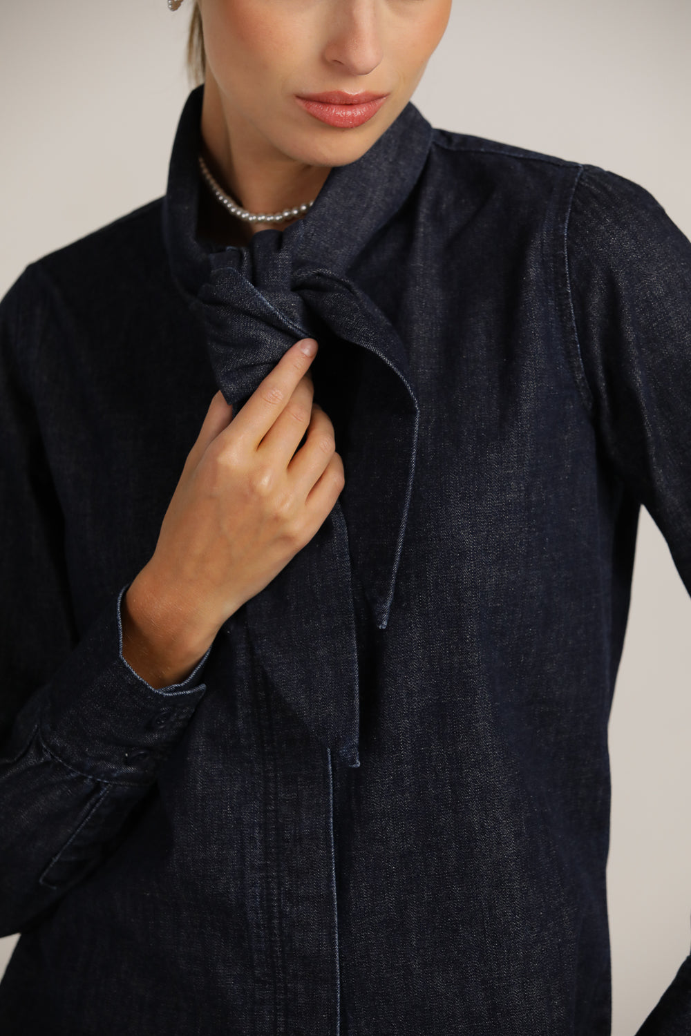 Buttoned Denim Shirt With Tie-Front