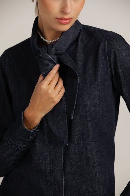 Buttoned Denim Shirt With Tie-Front