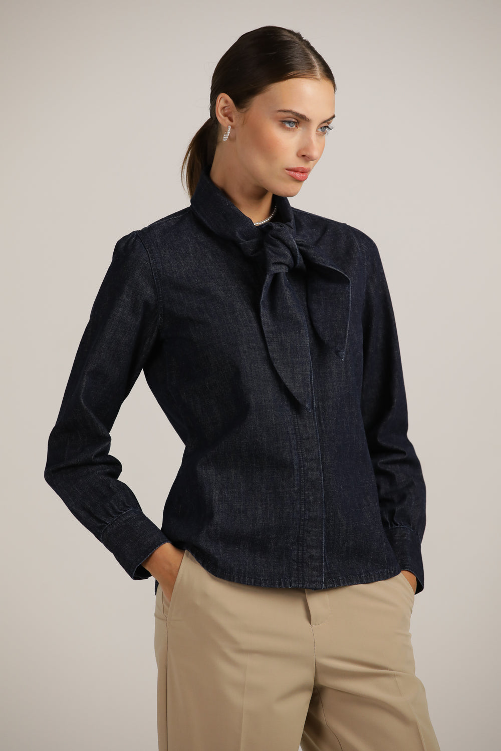 Buttoned Denim Shirt With Tie-Front