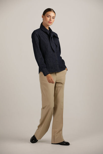 Buttoned Denim Shirt With Tie-Front