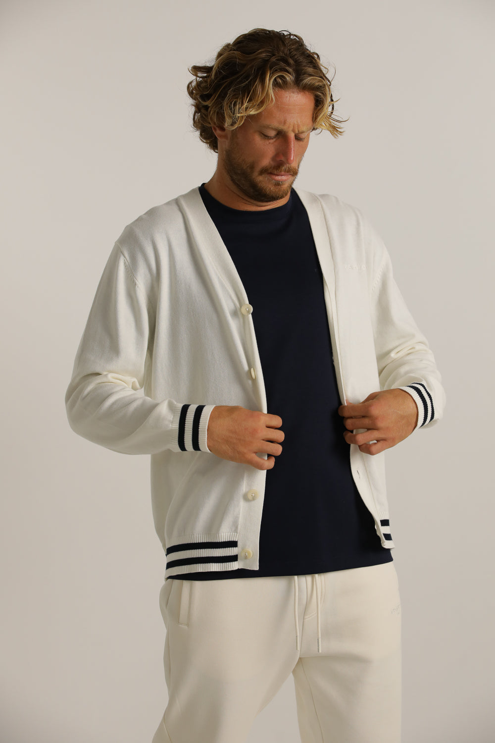 Contrast-Stripe Cardigan In Cotton