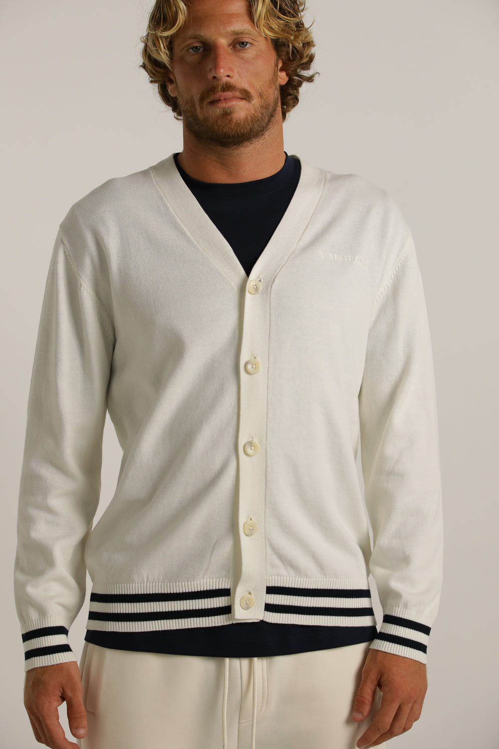 Contrast-Stripe Cardigan In Cotton