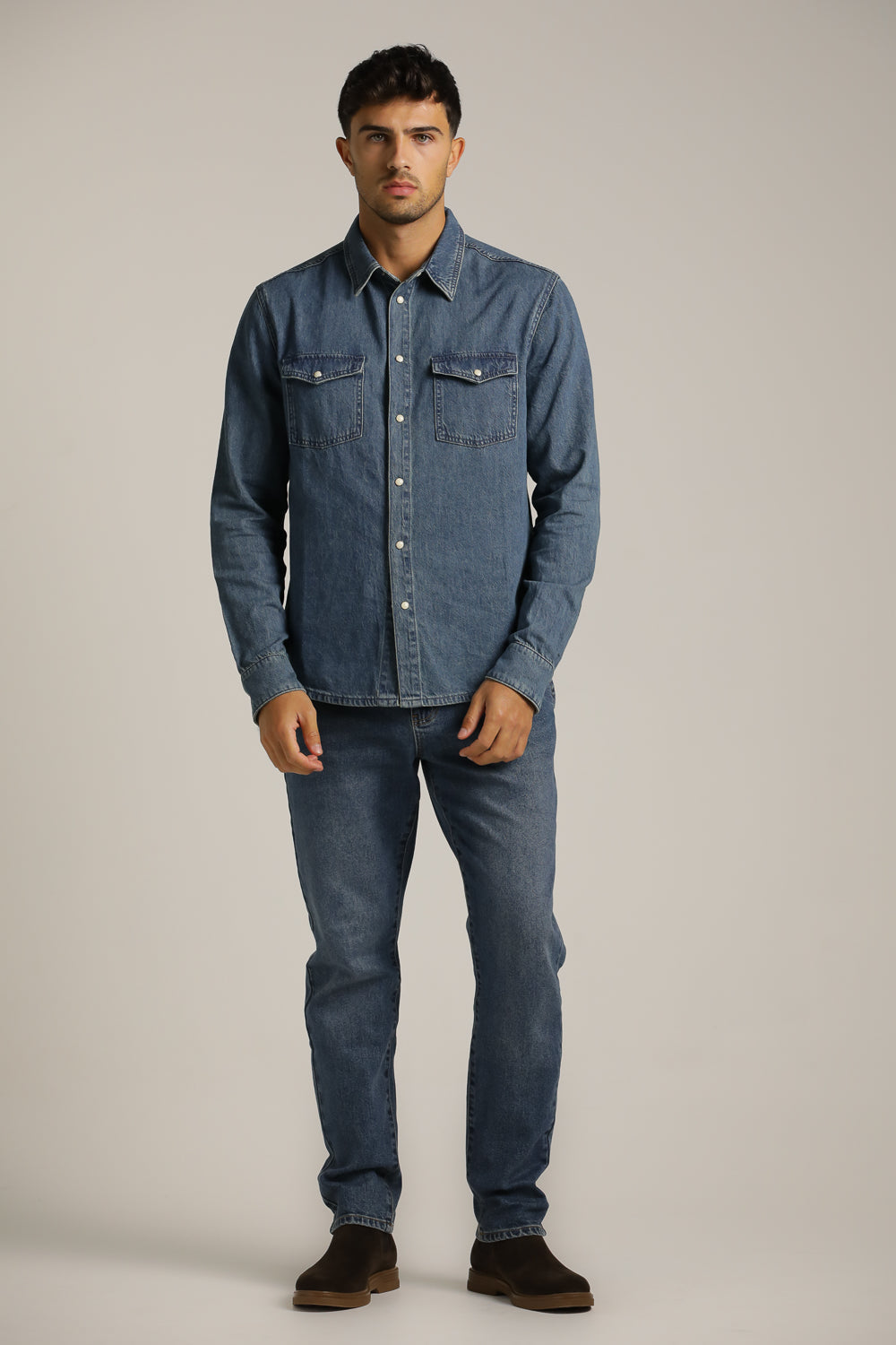 Denim-Style Button-Up Shirt In Cotton